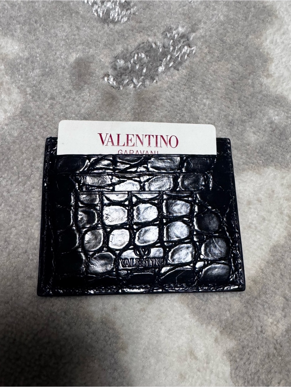 NWT!!! Valentino Black Croc-Embossed Leather Card Holder Sleeve